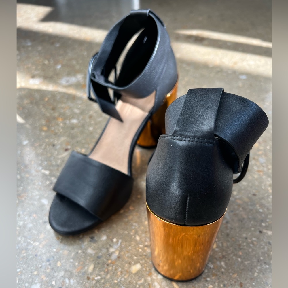Ankle Strap sandal with cylinder metallic orange heel